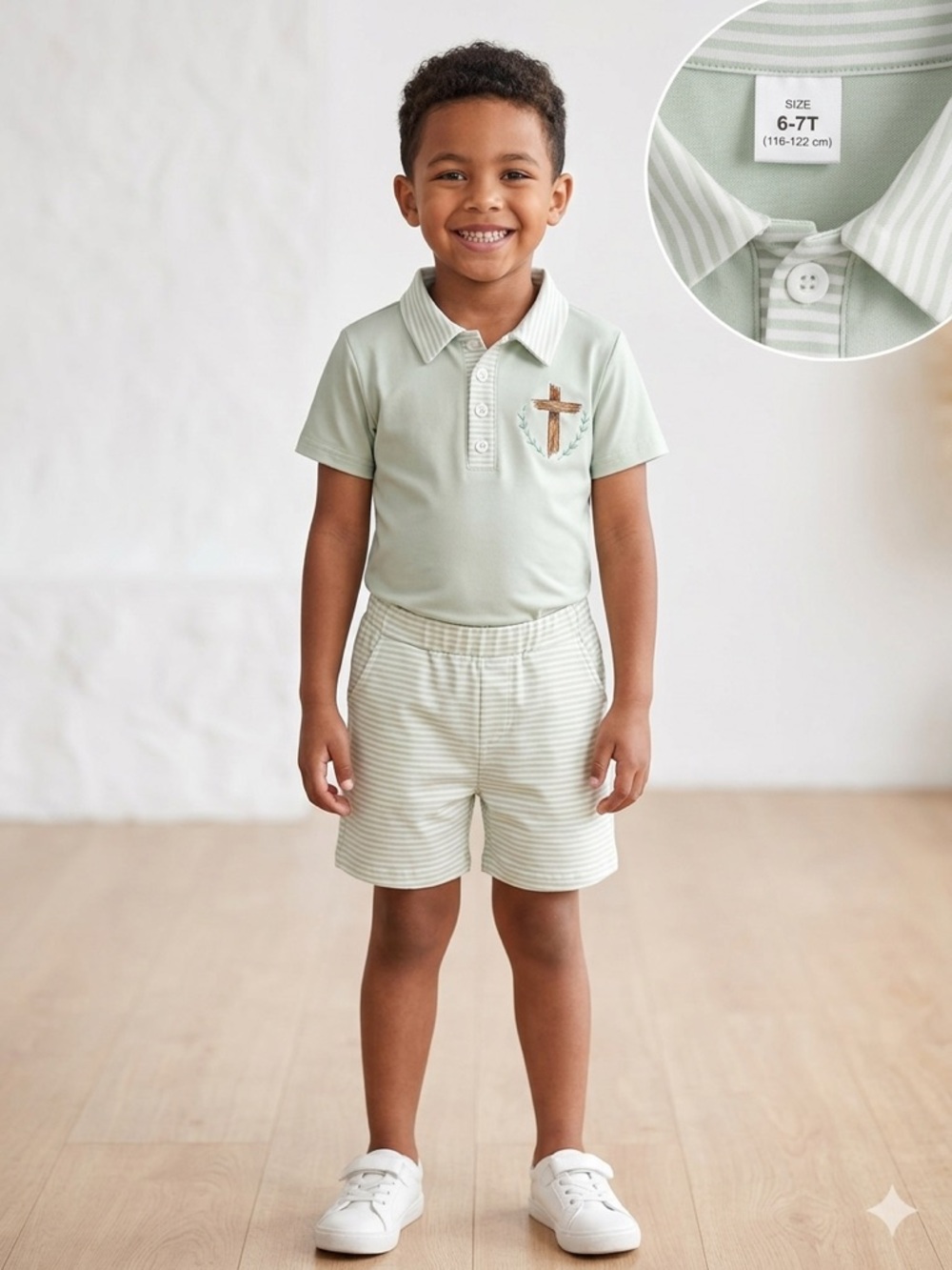 Kids Mint Green Polo and Stripe Shorts Set